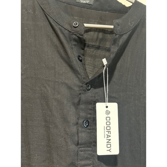 COOFANDY Mens 3XL Black Cotton Hemp Henley Long Sleeve Band Collar Beach Shirt - Picture 3 of 6